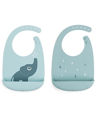 Done By Deer Set 2 Bavagli Impermeabili - Elphee - Blu - Silicone Alimentare - con Tasca Bavagli Impermeabili