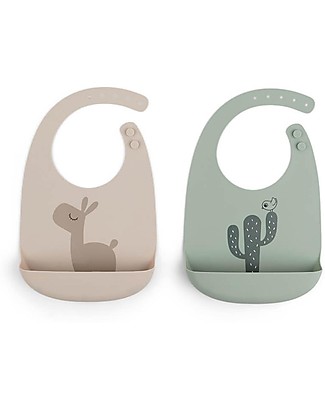 Done By Deer Set 2 Bavagli Impermeabili - Lalee - Sabbia/Verde - Silicone Alimentare - con Tasca Bavagli Impermeabili