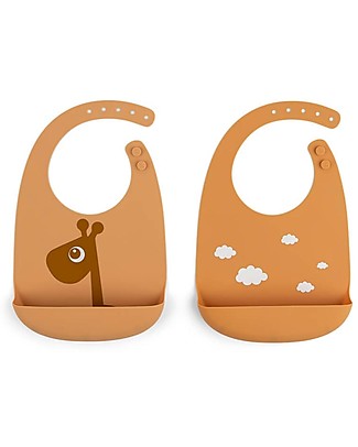 Done By Deer Set 2 Bavagli Impermeabili - Raffi - Mostarda - Silicone Alimentare - con Tasca Bavagli Impermeabili