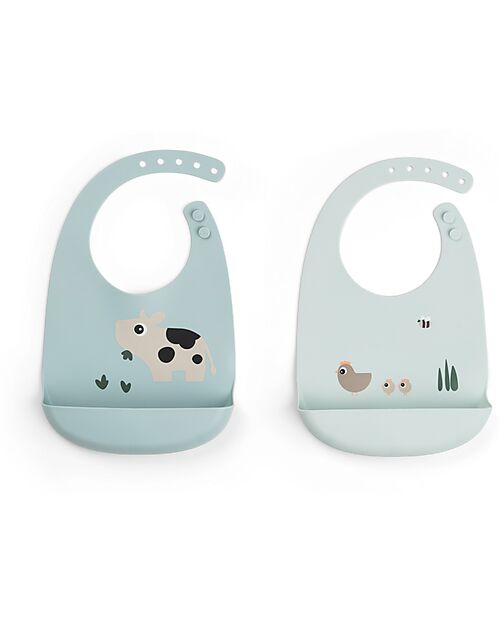 Done By Deer Set 2 Bavagli Impermeabili - Tiny Farm - Blu - 100% Silicone Alimentare - con Tasca Bavagli Impermeabili con Tasca