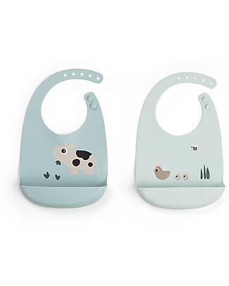 Done By Deer Set 2 Bavagli Impermeabili - Tiny Farm - Blu - 100% Silicone Alimentare - con Tasca Bavagli Impermeabili con Tasca