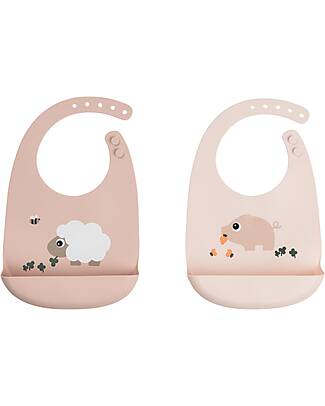 Done By Deer Set 2 Bavagli Impermeabili - Tiny Farm - Cipria - 100% Silicone Alimentare - con Tasca Bavagli Impermeabili con Tasca