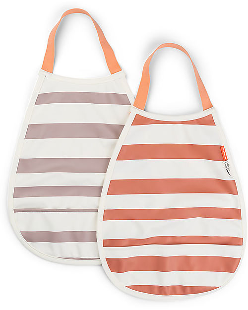 Done By Deer Set 2 Bavaglini Impermeabili a Strisce - Papaya e Cipria - con Tasca! Bavagli Impermeabili con Tasca