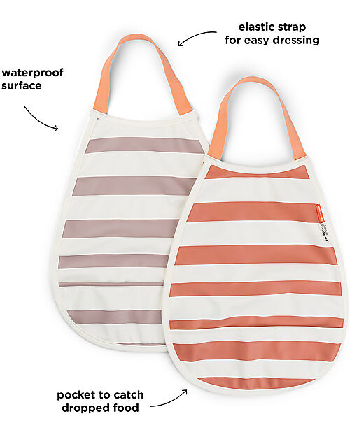 Done By Deer Set 2 Bavaglini Impermeabili a Strisce - Papaya e Cipria - con Tasca! Bavagli Impermeabili con Tasca