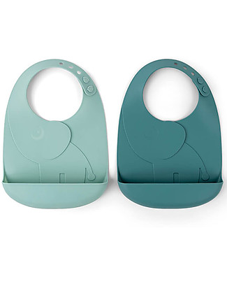 Done By Deer Set 2 Bavaglini Impermeabili con Tasca Elphee -Blu -100% silicone alimentare Bavagli Impermeabili