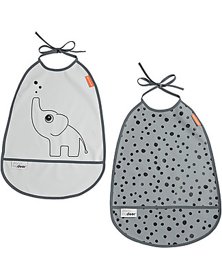 Done By Deer Set 2 Bavaglini Impermeabili con Tasca Elphee, Grigio - Chiusura a nastrini Bavagli Impermeabili