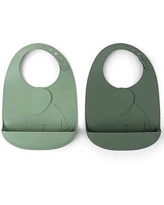 Done By Deer Set 2 Bavaglini Impermeabili con Tasca Elphee -Verde -100% silicone alimentare Bavagli Impermeabili