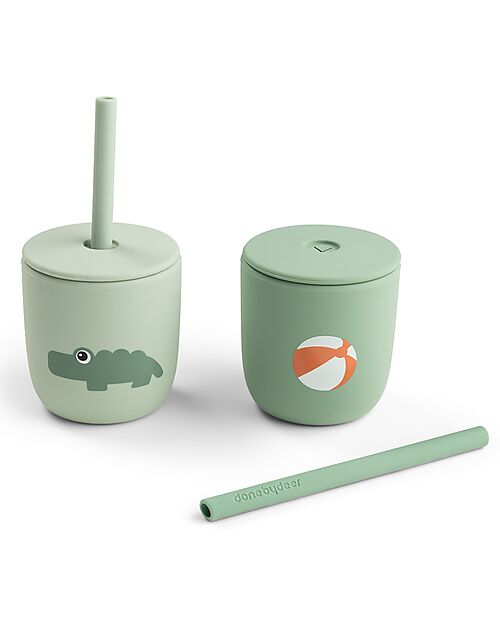 Done By Deer Set 2 Bicchieri con Tappo e Cannuccia 120 ml - Playground - Verde - 100% Silicone Alimentare - 12m+ Bicchieri