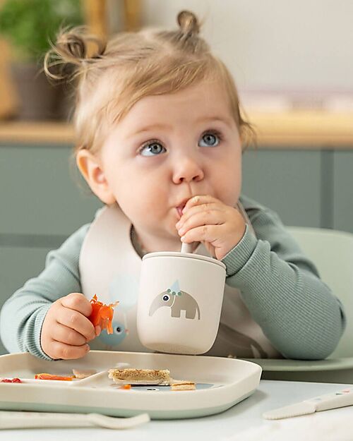 Done By Deer Set 2 Bicchieri con Tappo e Cannuccia 120 ml - Playground - Verde - 100% Silicone Alimentare - 12m+ Bicchieri