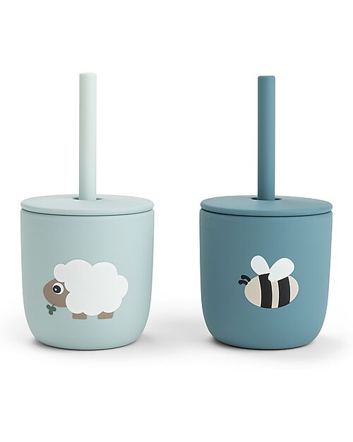 Done By Deer Set 2 Bicchieri con Tappo e Cannuccia 120 ml - Tiny Farm - Blu - 100% Silicone Alimentare - 12m+ Bicchieri