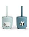 Done By Deer Set 2 Bicchieri con Tappo e Cannuccia 120 ml - Tiny Farm - Blu - 100% Silicone Alimentare - 12m+ Bicchieri