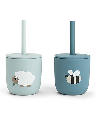 Done By Deer Set 2 Bicchieri con Tappo e Cannuccia 120 ml - Tiny Farm - Blu - 100% Silicone Alimentare - 12m+ Bicchieri