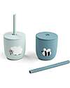 Done By Deer Set 2 Bicchieri con Tappo e Cannuccia 120 ml - Tiny Farm - Blu - 100% Silicone Alimentare - 12m+ Bicchieri