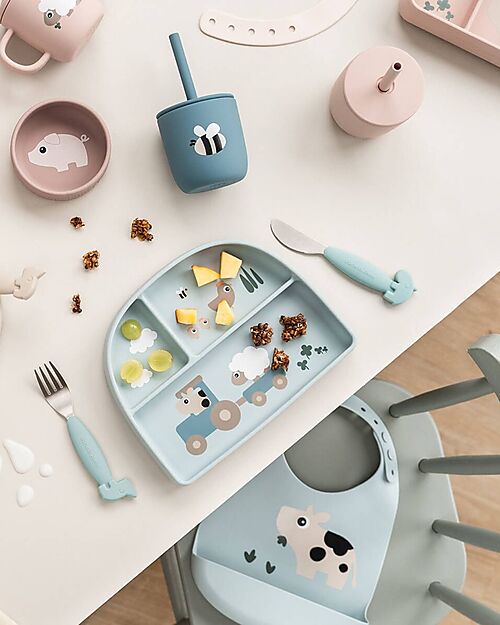 Done By Deer Set 2 Bicchieri con Tappo e Cannuccia 120 ml - Tiny Farm - Blu - 100% Silicone Alimentare - 12m+ Bicchieri