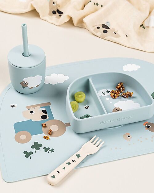Done By Deer Set 2 Bicchieri con Tappo e Cannuccia 120 ml - Tiny Farm - Blu - 100% Silicone Alimentare - 12m+ Bicchieri