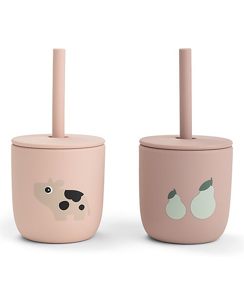 Done By Deer Set 2 Bicchieri con Tappo e Cannuccia 120 ml - Tiny Farm - Cipria - 100% Silicone Alimentare - 12m+ Bicchieri
