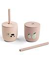 Done By Deer Set 2 Bicchieri con Tappo e Cannuccia 120 ml - Tiny Farm - Cipria - 100% Silicone Alimentare - 12m+ Bicchieri