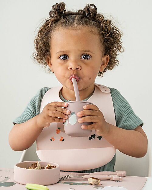 Done By Deer Set 2 Bicchieri con Tappo e Cannuccia 120 ml - Tiny Farm - Cipria - 100% Silicone Alimentare - 12m+ Bicchieri