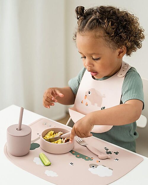 Done By Deer Set 2 Bicchieri con Tappo e Cannuccia 120 ml - Tiny Farm - Cipria - 100% Silicone Alimentare - 12m+ Bicchieri