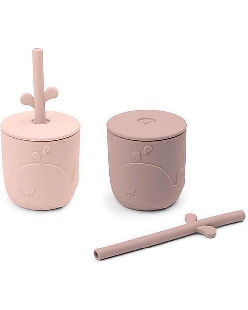 Done By Deer Set 2 Bicchieri con Tappo e Cannuccia - Peekaboo - Wally - Cipria - 100% Silicone Alimentare Bicchieri