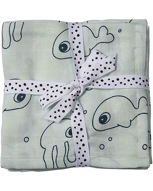 Done By Deer Set 2 Copertine Swaddle Milleusi Celeste Amici del Mare - 120x120 cm - 100% cotone Swaddle di Mussola