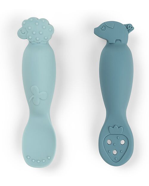 Done By Deer Set 2 Cucchiai da Apprendimento in Silicone - Tiny Farm - Blu Posate