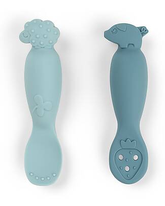 Done By Deer Set 2 Cucchiai da Apprendimento in Silicone - Tiny Farm - Blu Posate