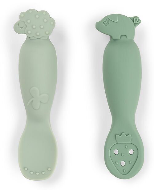Done By Deer Set 2 Cucchiai da Apprendimento in Silicone - Tiny Farm - Verde Posate