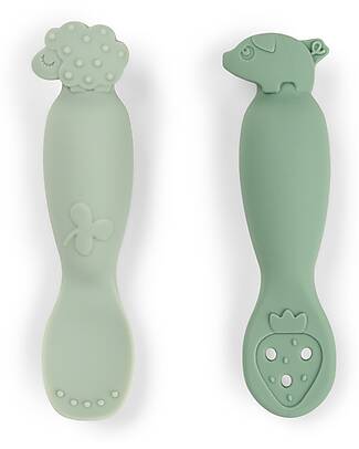 Done By Deer Set 2 Cucchiai da Apprendimento in Silicone - Tiny Farm - Verde Posate