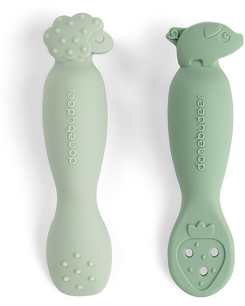 Done By Deer Set 2 Cucchiai da Apprendimento in Silicone - Tiny Farm - Verde Posate