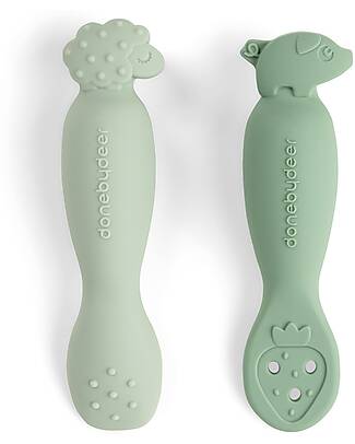 Done By Deer Set 2 Cucchiai da Apprendimento in Silicone - Tiny Farm - Verde Posate