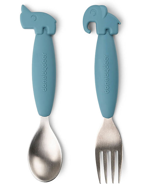 Done By Deer Set 2 Posate Anti-Scivolo - Forchetta e Cucchiaio - Blu - Silicone Alimentare e Acciaio inossidabile Posate