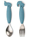 Done By Deer Set 2 Posate Anti-Scivolo - Forchetta e Cucchiaio - Blu - Silicone Alimentare e Acciaio inossidabile Posate