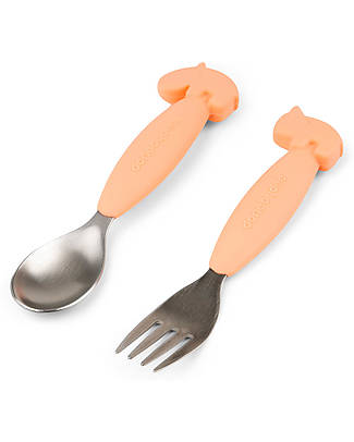 Done By Deer Set 2 Posate Anti-Scivolo - Forchetta e Cucchiaio - Coral - Silicone Alimentare e Acciaio inossidabile Posate