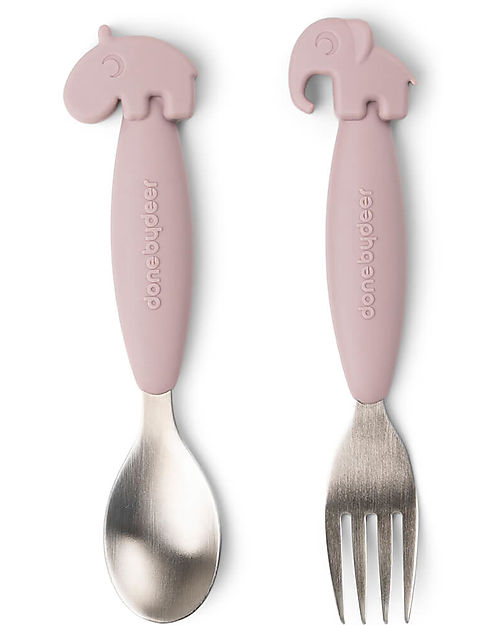Done By Deer Set 2 Posate Anti-Scivolo - Forchetta e Cucchiaio - Powder - Silicone Alimentare e Acciaio inossidabile Posate
