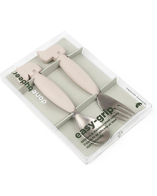 Done By Deer Set 2 Posate Anti-Scivolo - Forchetta e Cucchiaio - Sand - Silicone Alimentare e Acciaio inossidabile Posate