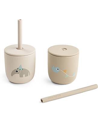 Done By Deer Set 2 Tazze con Tappo e Cannuccia 120 ml - Celebration - Sabbia - 100% Silicone Alimentare - 12m+ Tazze