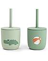 Done By Deer Set 2 Tazze con Tappo e Cannuccia 120 ml - Playground - Verde - 100% Silicone Alimentare - 12m+ Tazze