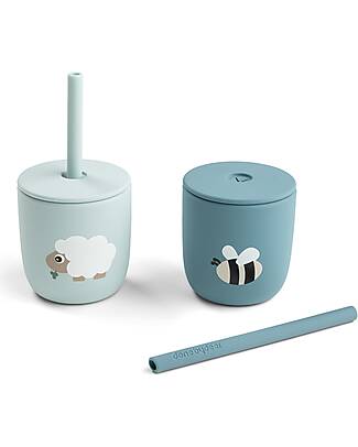 Done By Deer Set 2 Tazze con Tappo e Cannuccia 120 ml - Tiny Farm - Blu - 100% Silicone Alimentare - 12m+ Tazze