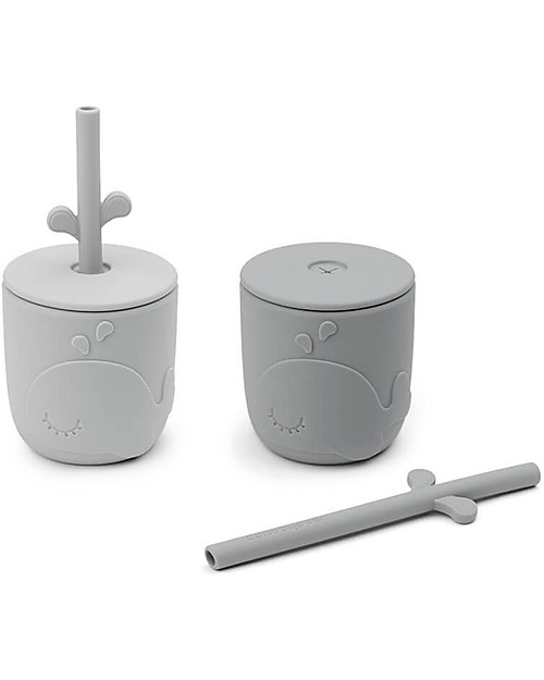Done By Deer Set 2 Tazze con Tappo e Cannuccia - Peekaboo - Wally - Grigio - 100% Silicone Alimentare Bicchieri