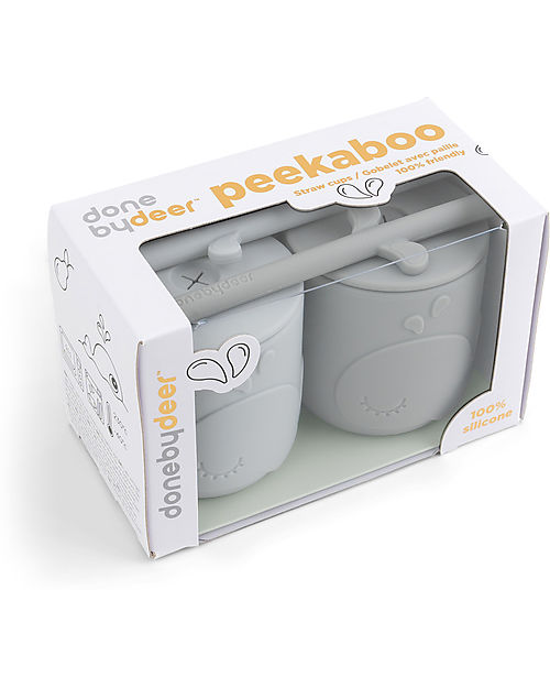 Done By Deer Set 2 Tazze con Tappo e Cannuccia - Peekaboo - Wally - Grigio - 100% Silicone Alimentare Bicchieri