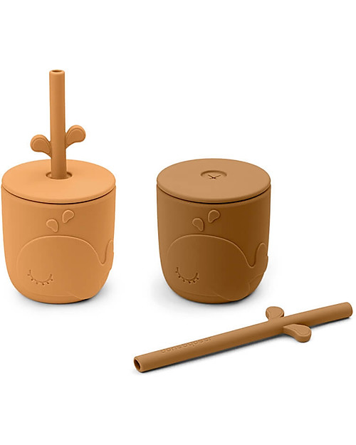 Done By Deer Set 2 Tazze con Tappo e Cannuccia - Peekaboo - Wally - Mostarda - 100% Silicone Alimentare Bicchieri