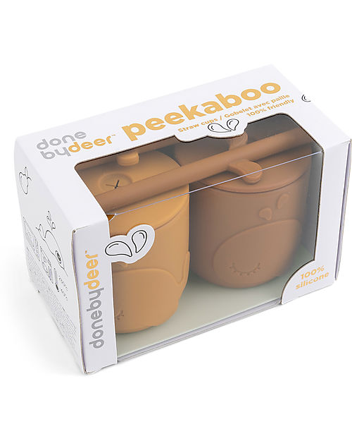Done By Deer Set 2 Tazze con Tappo e Cannuccia - Peekaboo - Wally - Mostarda - 100% Silicone Alimentare Bicchieri