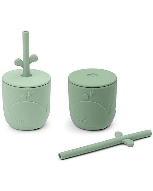 Done By Deer Set 2 Tazze con Tappo e Cannuccia - Peekaboo - Wally - Verde - 100% Silicone Alimentare Bicchieri