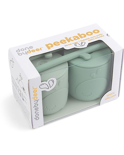 Done By Deer Set 2 Tazze con Tappo e Cannuccia - Peekaboo - Wally - Verde - 100% Silicone Alimentare Bicchieri