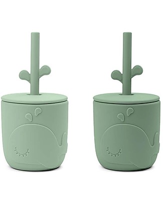 Done By Deer Set 2 Tazze con Tappo e Cannuccia - Peekaboo - Wally - Verde - 100% Silicone Alimentare Posate