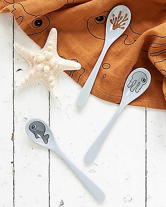 Done By Deer Set 3 Cucchiai Baby Sea Friends - Mostarda/Grigio - Manico Lungo Posate