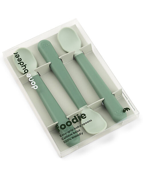 Done By Deer Set 3 Cucchiaini Foodie - Anti-Slip per Neonati - Verde - 100% PP Alimentare Posate