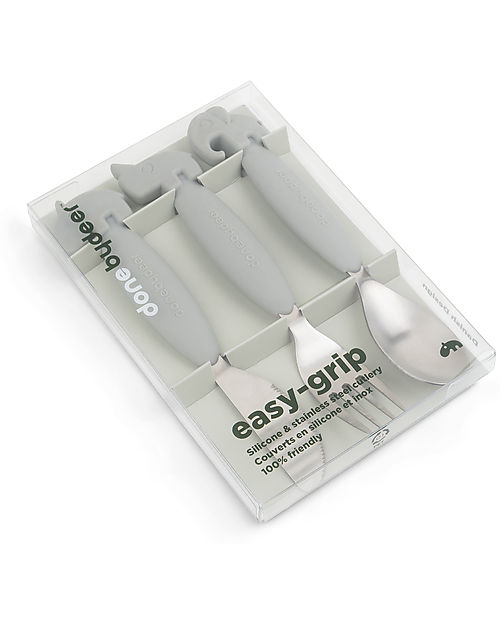 Done By Deer Set 3 Posate Anti-Scivolo - Forchetta, Cucchiaio e Coltello - Grigio Chiaro - Silicone Alimentare e Acciaio inossidabile Posate