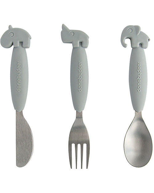 Done By Deer Set 3 Posate Anti-Scivolo - Forchetta, Cucchiaio e Coltello - Grigio Scuro - Silicone Alimentare e Acciaio inossidabile Posate